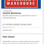 Chemist Warehouse $10 Cashback on $70 Spend @ Citibank Credit Cards