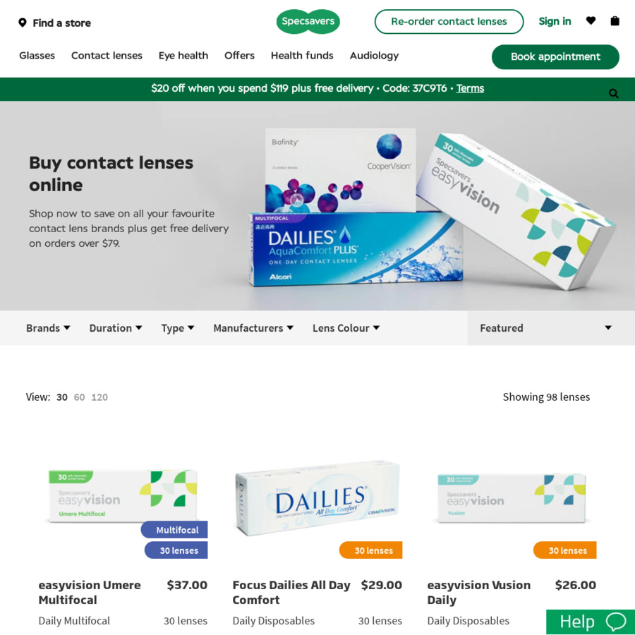 $20 off $119 Spend on Contact Lenses & Free Delivery @ Specsavers ...