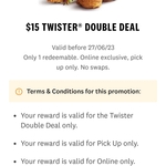 Twister Double Deal (2 Twisters, 2 Pieces Original Recipe, 2 Reg. Chips) $15 @ KFC (Online & Pick Up Only)
