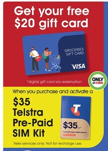 Buy & Activate $35 Telstra Pre-Paid SIM Kit and Redeem SMS Code for $20 Digital Activ VISA Gift Card @ Coles