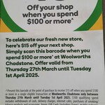 [VIC] $15 off Your Next Shop with $100+ Spend @ Woolworths, Chadstone