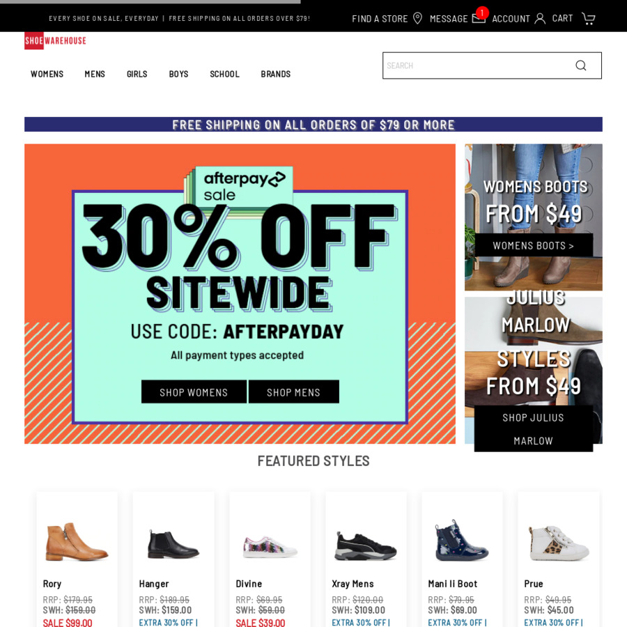 30% off Site Wide at Shoe Warehouse, Including Discounted Items. Free Shipping with $79 Spend