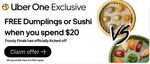 [Uber One] Free Dumplings or Sushi When You Spend $20+ at Selected Locations on Uber Eats