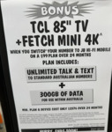 Port to Telstra $99/M 300GB/M 24-Month Plan, Get Free TCL 85" P745 + Fetch Mini 4K (in-Store Only) @ JB Hi-Fi