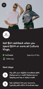 Culture Kings: $10 Cashback When You Spend $100 or More @ Commbank Yello (Activation in App Required)