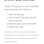 $10 off Next Uber Ride (Excludes UberTaxi and UberEATS)