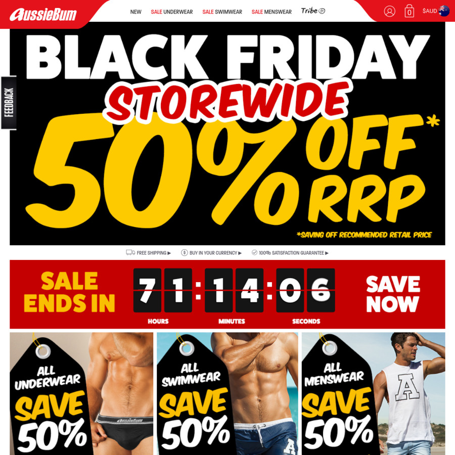 aussieBum Black Friday Sale - 50% off storewide + Free Shipping - OzBargain