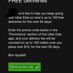 Free Delivery on Next 100 Orders (Min Spend $10) @ UberEATS