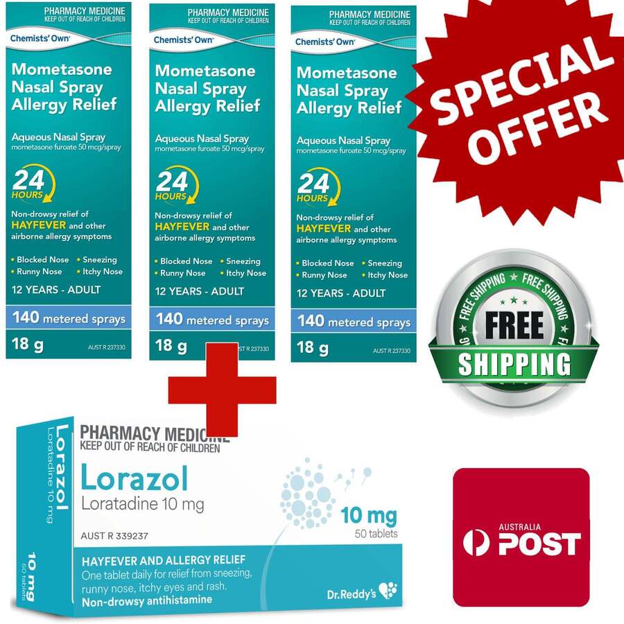 3x 140 Dose Mometasone Nasal Spray + 50x Loratadine 10mg Tablets $41.99 ...