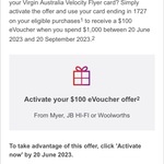 Virgin Money Velocity Flyer Card: Spend $1000 from 20/6 to 20/9, Get $100 Myer, JB Hi-Fi or Woolworths Evoucher (Activation Req)