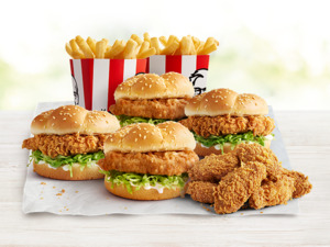 Family Burger Deal - 4 Burgers, 6 Wicked Wings, 2 Lrg Chips $24.95 ~ $27.95 (Varies by Location) Pickup @ KFC (Online/App Only)