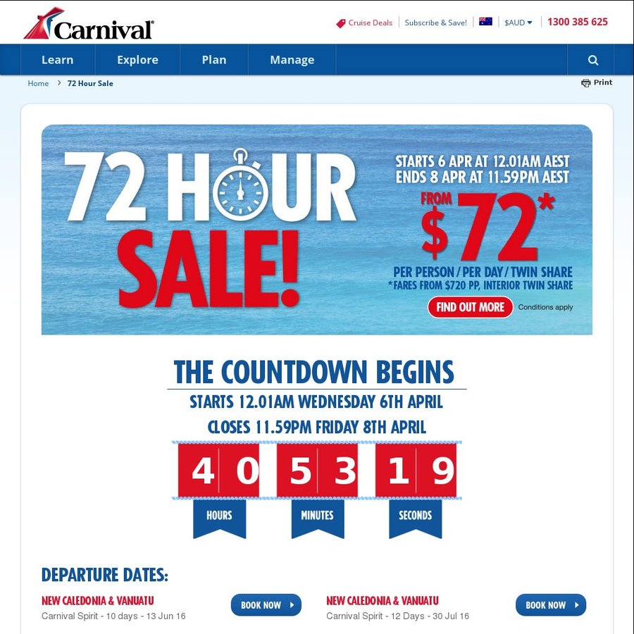 carnival cruise 72 hour sale