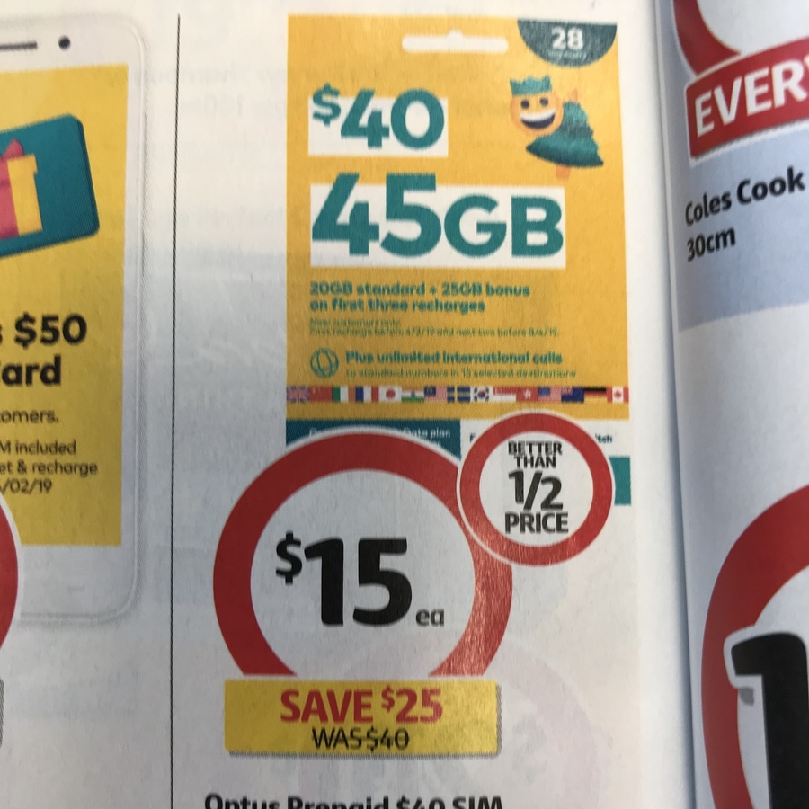 Optus Prepaid $40 Sim (20GB Standard + Bonus 25GB on First 3 Recharges