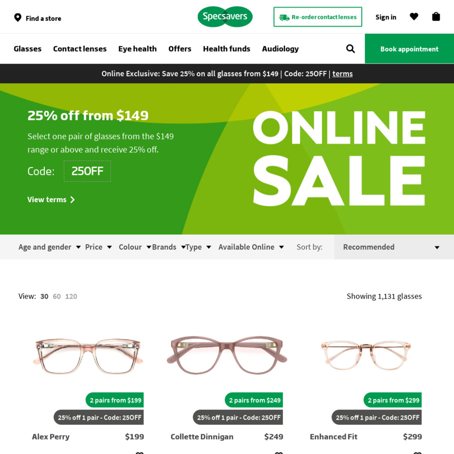 25% off $149 Spend on Glasses @ Specsavers (Online Only) - OzBargain