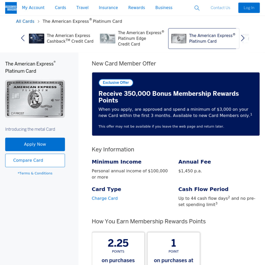 AmEx Platinum Card 300,000 Bonus Points with 6,000 Spend in 3 Months