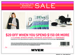 Myer $20 off Spend of $150 or More on Clothing, Intimate Apparel, Footwear, Accessories and Homewares