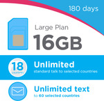Lebara Large Plan – 180 Day Starter Pack – 16GB Data/Month + Unlimited Oz Talk/Text, Unlimited 18 Countries - $119