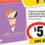 ½ Price Peters Drumstick x Messina Varieties 4Pk $5 (Was $10), Connoisseur 1L $6 @ IGA 