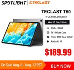 Teclast T50, 11" Android Tab, Unisoc T618, 8GB/128GB, 4G LTE US$205.69 (~A$295.19) Shipped @ Teclast Official Store AliExpress