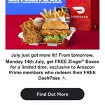 Free Zinger® Boxes for a limited time, exclusive to Amazon Prime members who redeemed their Free DashPass
