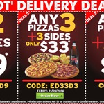 Pizza Hut Deliverys, 2 Pizzas 2 Sides $29, 3 Pizzas 3 Sides $33, 4 Pizzas 2 Sides $38