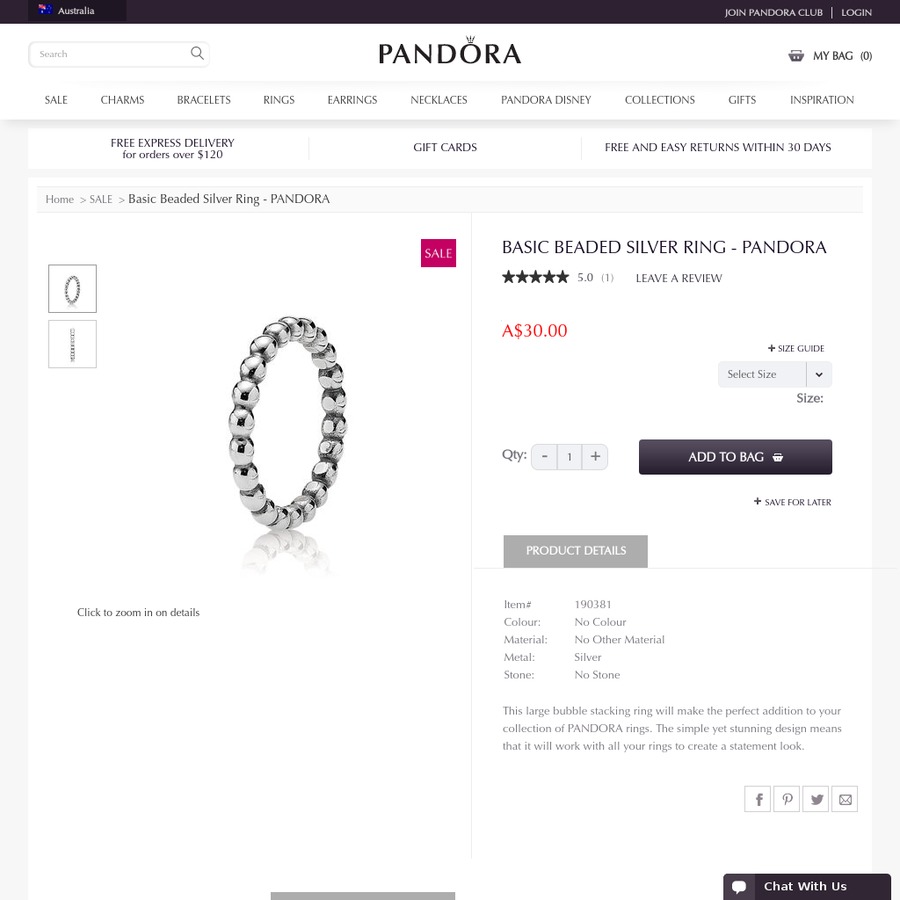 Basic Beaded Silver Ring 30 Pandora OzBargain