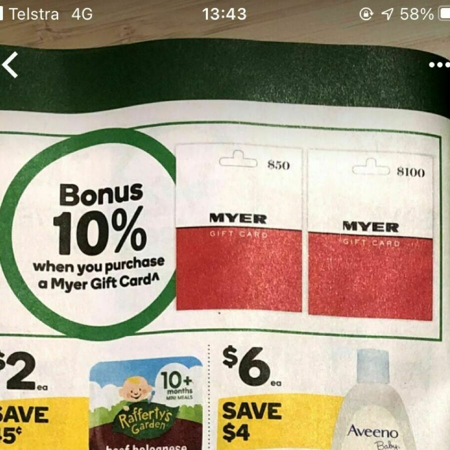 10 Bonus When Purchasing a Myer Gift Card Woolworths