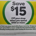 [NSW] Save $15 When You Spend $100 @ Woolworths, Chatswood East