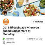 $15 Cashback with Min. Spend $30 at Menulog @ Commbank Rewards (Activate in App Required)