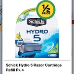 Schick Hydro 5 Refill 4 Pack, Half Price $8.99 Woolworths Vic