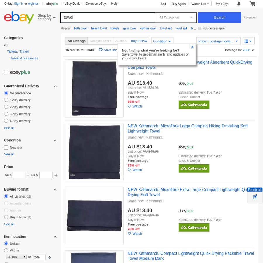 Kathmandu Microfibre Towels (Medium) $13.40 (RRP $39.99- $79.99) + $10 ...