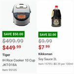 Tiger 10 Cup Rice Cooker (JKT-D18A) $449.99, Kikkoman 2L Soy Sauce $7.99 @ Costco (Membership Required)
