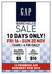 GAP Warehouse Sale NSW - All Baby Toddler & Kidsware from $5, All Adult Clothing from $10