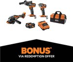 AEG Price Drop Deals, 18V Brushless 3-piece 5.0Ah Force Kit + 1of 10 Free tool via Redemption $449 @Bunnings