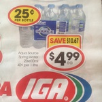 Aqua Source Spring Water 20x600ml $4.99ea. Save $10.67 at IGA