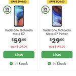 Vodafone Motorola Moto E7 64GB/4GB Grey $59, E7 Power 32GB/2GB $29 @ Woolworths (Limited Stores)