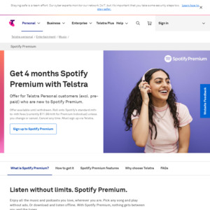 Free 4 Months Spotify Premium for Telstra Personal Customers (Excl. Pre-Paid) Who Are New to Spotify Premium @ Telstra
