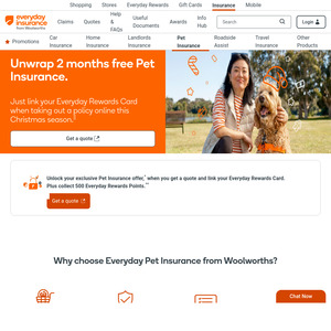 1,000/Month Everyday Rewards Points or First 2 Months Free Premium + 10% off Shop from $13.41/Month @ Woolworths Pet Insurance