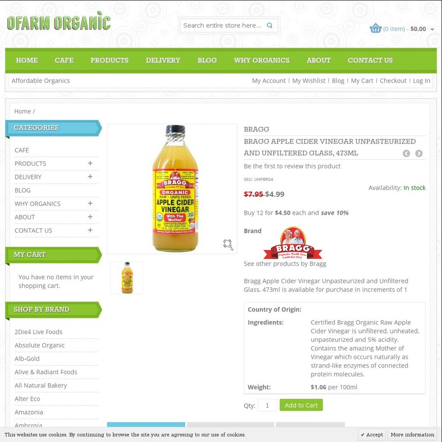 Bragg Apple Cider Vinegar 473ml $4.99 @ oFarm Organics