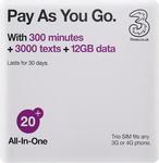 30% off UK/Europe SIM Card ($42 + FREE SHIPPING) - Three PAYG All-in-One 20 + 12GB Data + 300 Mins Calls + 3000 Texts @ So Easy