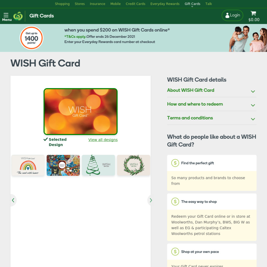 WOOLWORTHS WISH GIFT CARD - $50 (14000 points required)