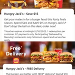 Free Delivery + $15 off $40 Spend @ Hungry Jack's via Menulog