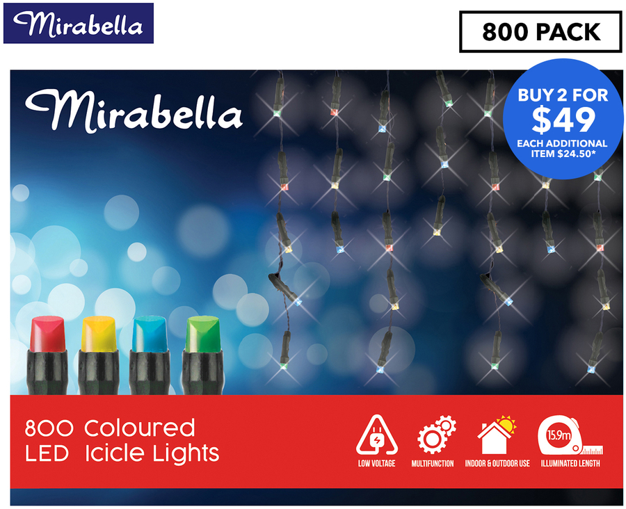 2x Mirabella 800 LED Warm White or Multi Colour Icicle Lights $16.80 ...