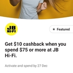 JB Hi-Fi: $10 Cashback When You Spend $75 or More @ Commbank Yello (Activation Required)