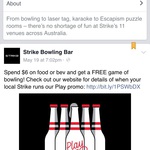 Strike Bowling $6 Game + Food/Drink