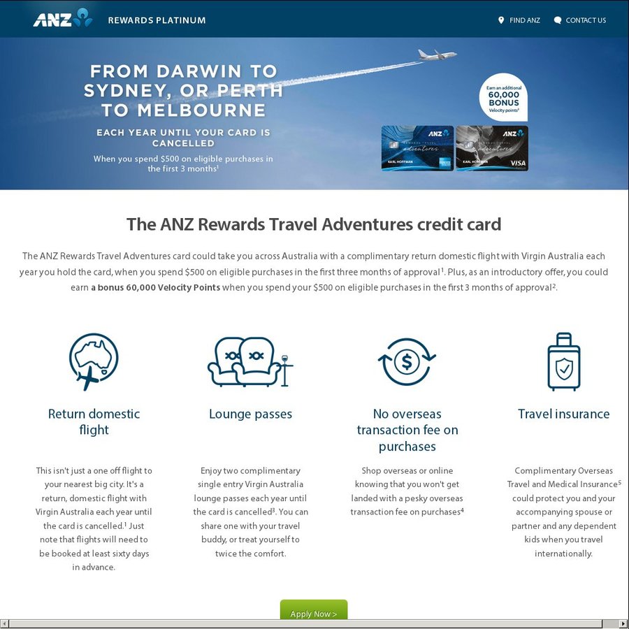 ANZ Rewards Travel Adventures Credit Card - 60k Velocity Points + Complimentary Virgin Flights ...