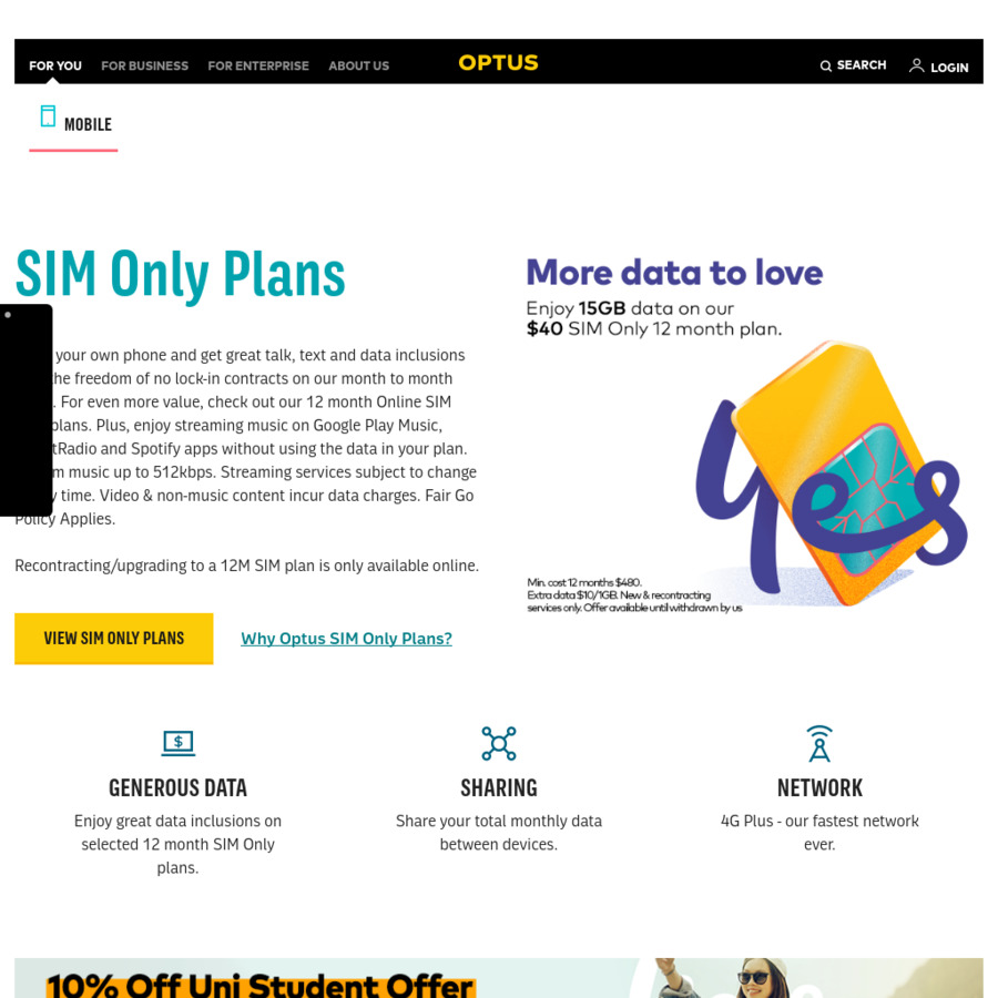 Optus $30/Month for 12 Months Sim Only Plan - 15GB Data / Mobile TV