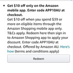 Amazon A$10 off Minimum Spend $39 App Only