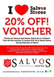 20% off Purchases at Salvos with Voucher or Smartphone (Vic, Tas, WA, SA, NT Only)