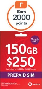 Vodafone $250 365 Days 150gb Prepaid Sim Starter Kit + Bonus 2000 